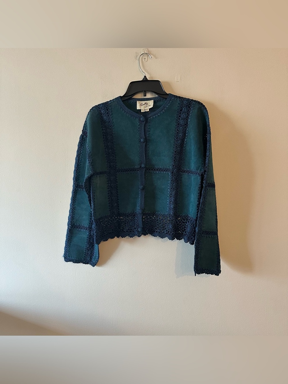 Vintage Scully Blue Leather Crochet Panel Jacket Western Boho 8 Free People